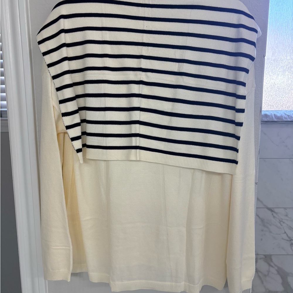 NWT Cream Sweater with Striped Scarf Accent - Picture 2 of 2